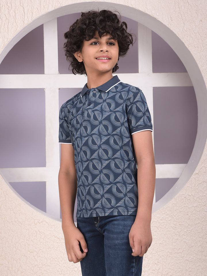 Navy Blue Printed Polo Neck T-Shirt