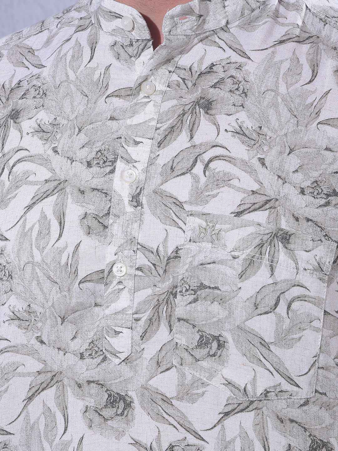 Grey Floral Print Linen Kurta