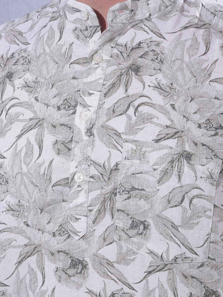 Grey Floral Print Linen Kurta