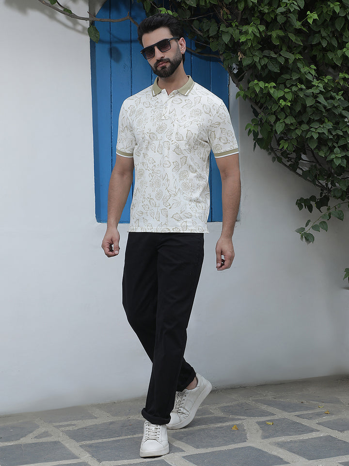 White Floral Print Polo Neck T-Shirt