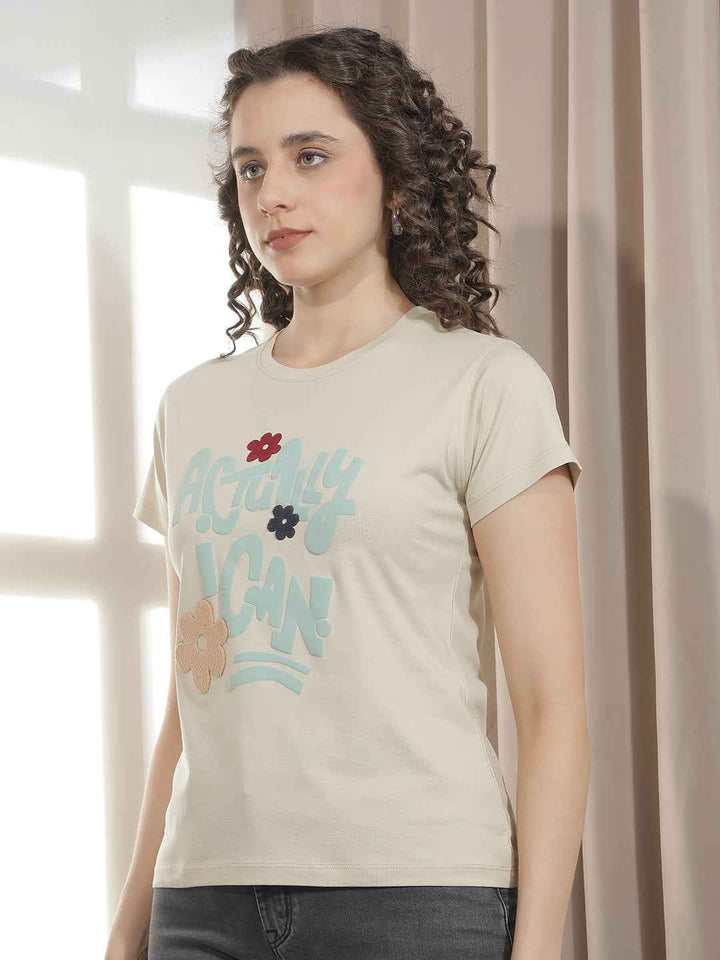 Beige Typographic Embroidery T-Shirt