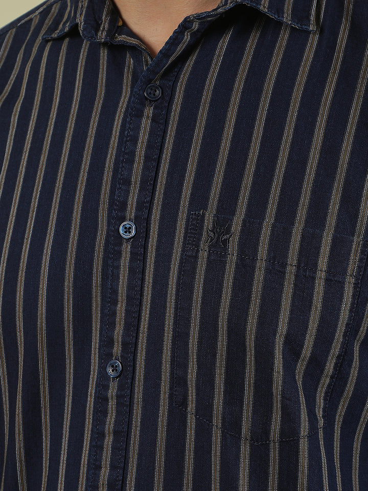 Navy Blue Vertical Stripes 100% Cotton Shirt