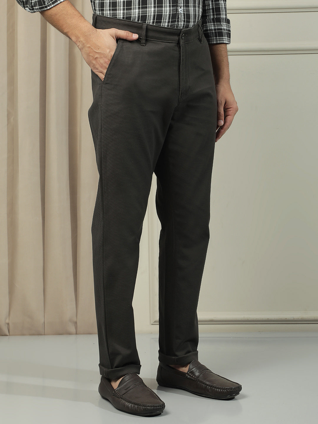 Olive Cotton Stretchable Dobby Trousers