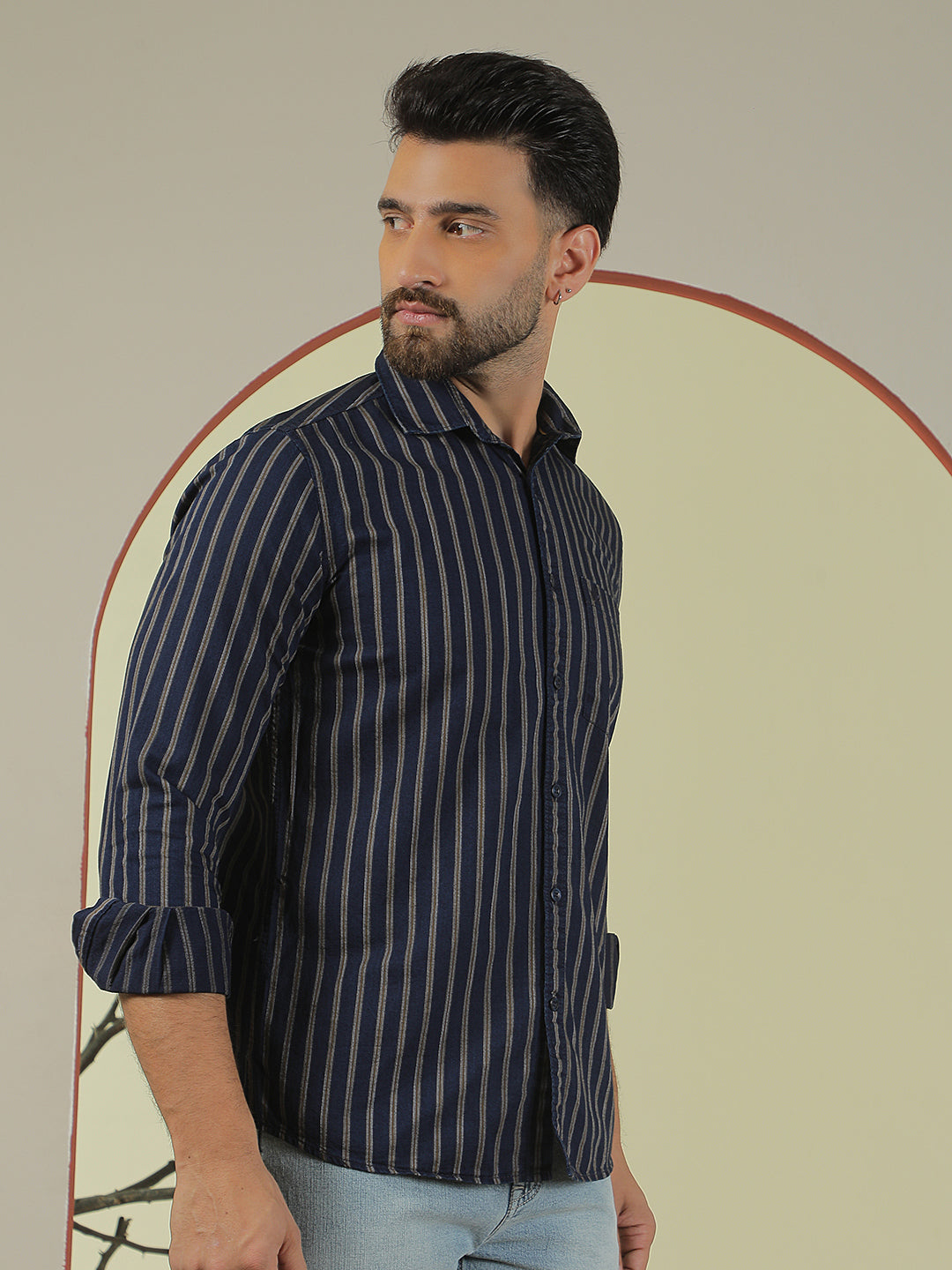 Navy Blue Vertical Stripes 100% Cotton Shirt