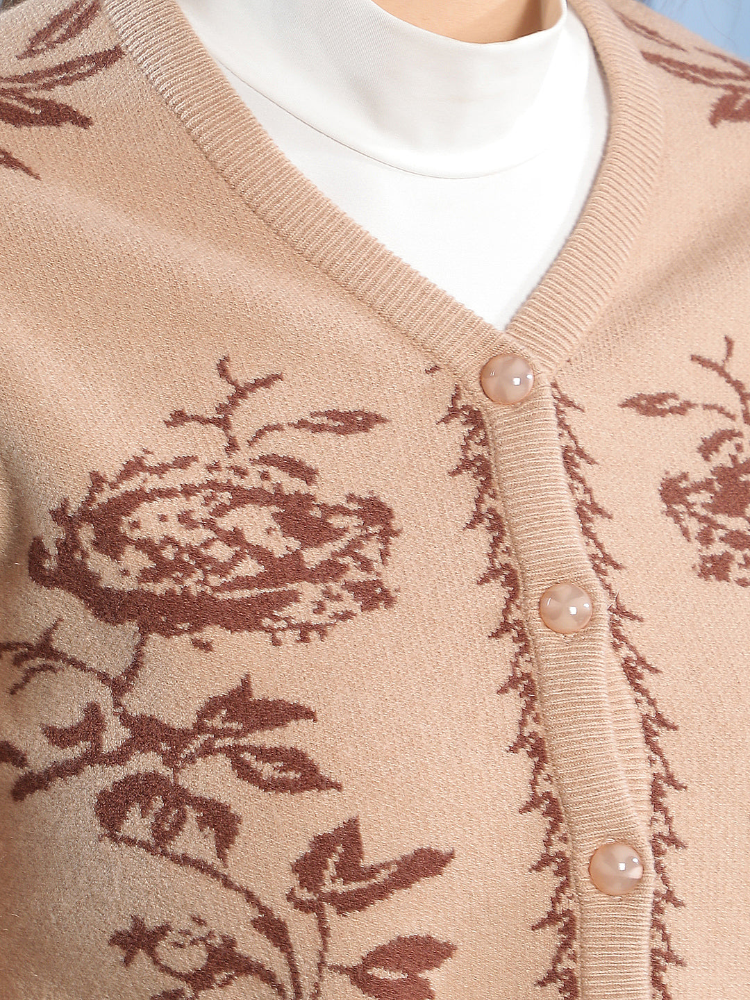 Beige Floral Print V-neck Cardigan