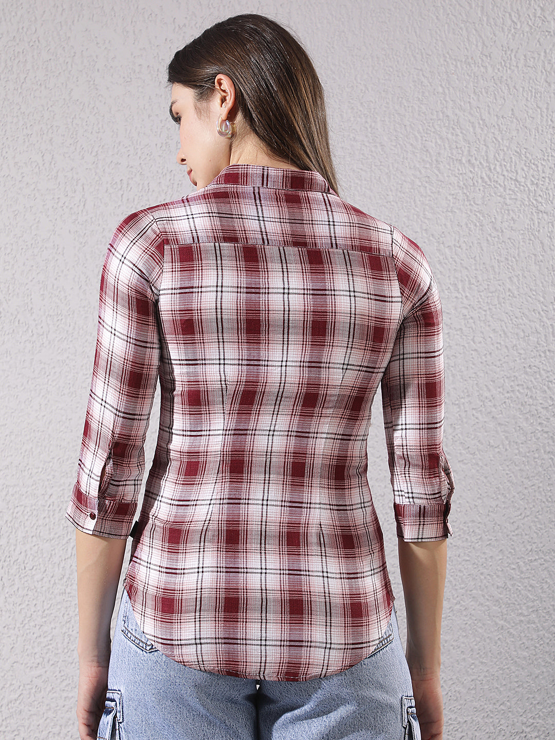 Minimalist Bordeaux Maroon Checked Shirt