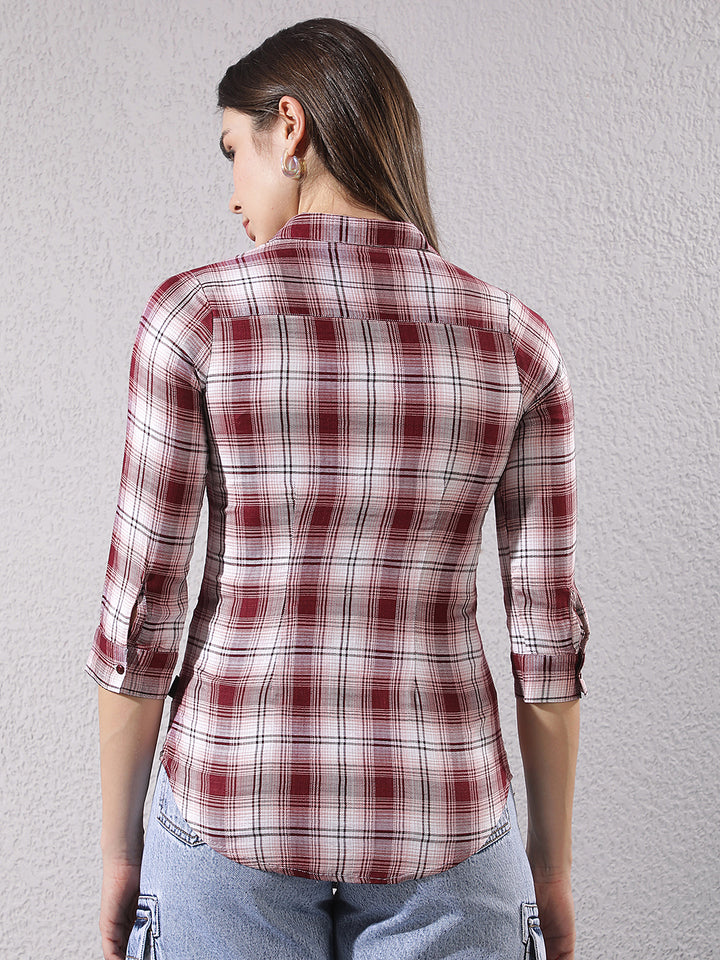 Minimalist Bordeaux Maroon Checked Shirt