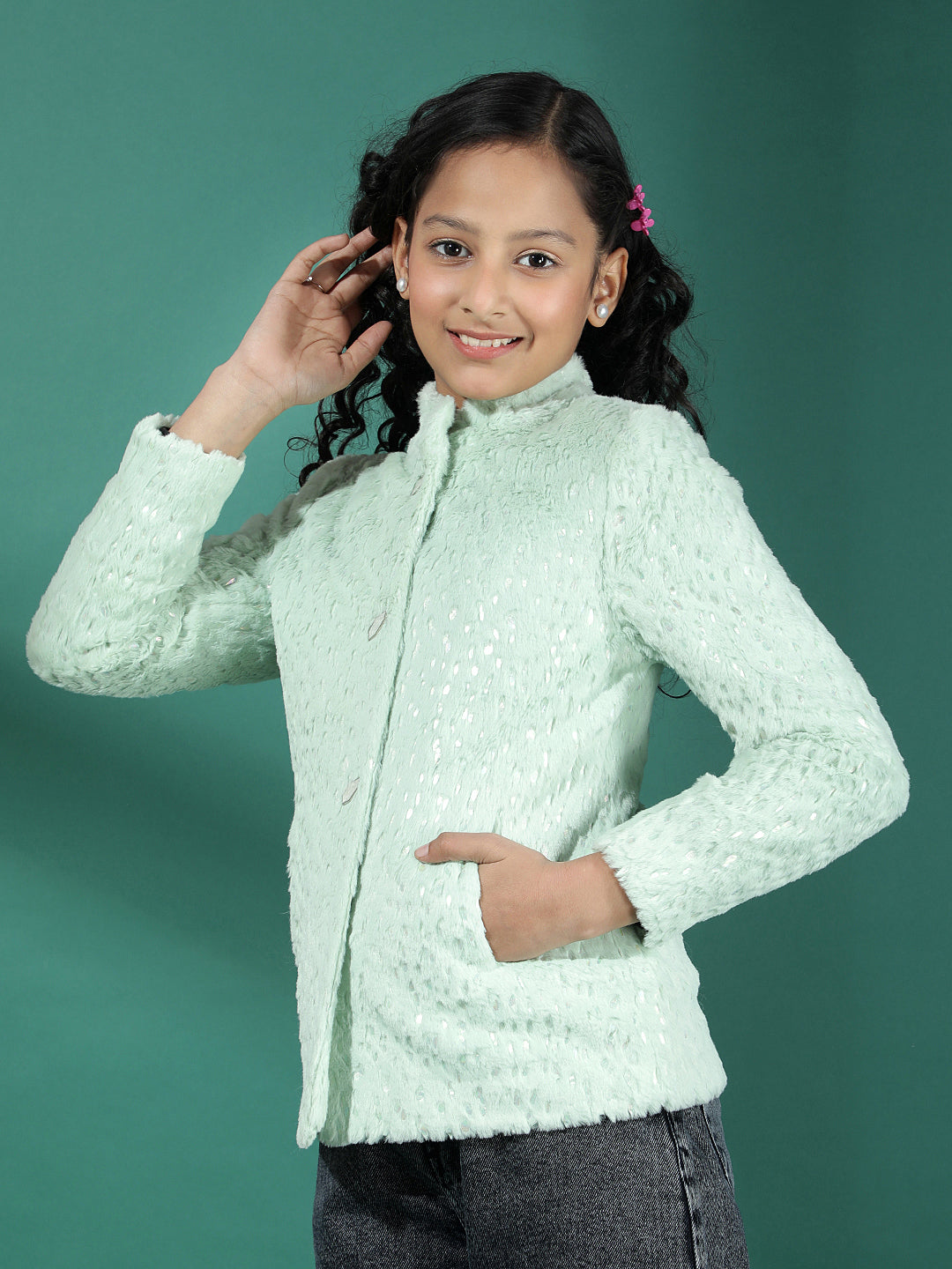 Green Embellished High Neck Fur Coat