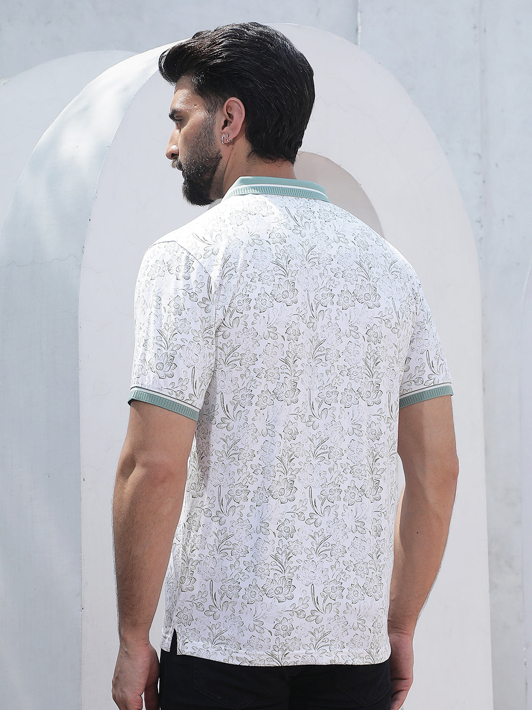 Green Floral Print Polo Neck T-Shirt