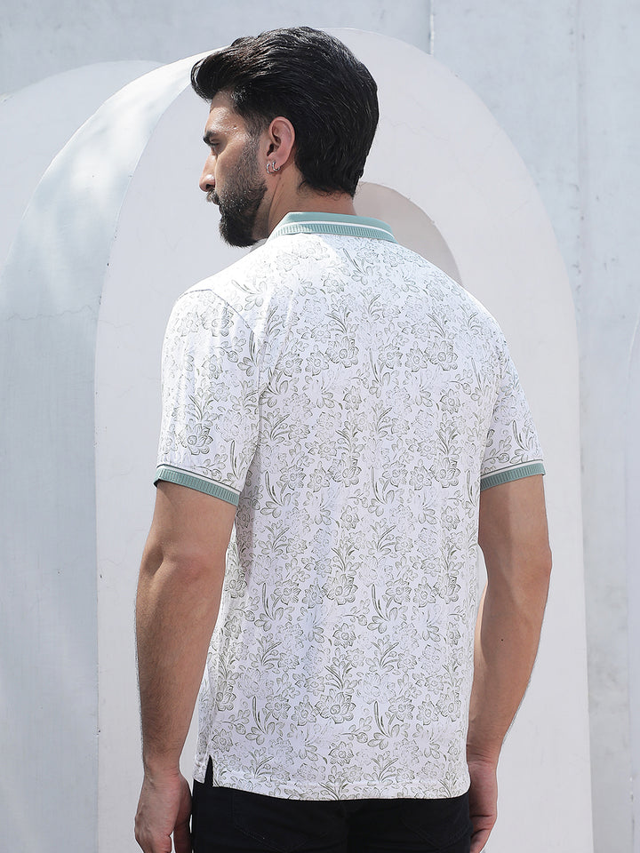 Green Floral Print Polo Neck T-Shirt