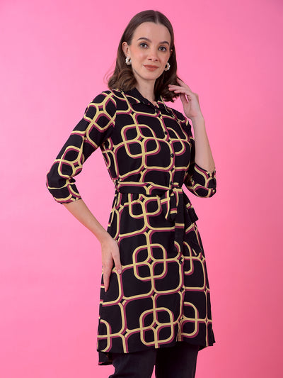 Black Printed Knee Length Shirt