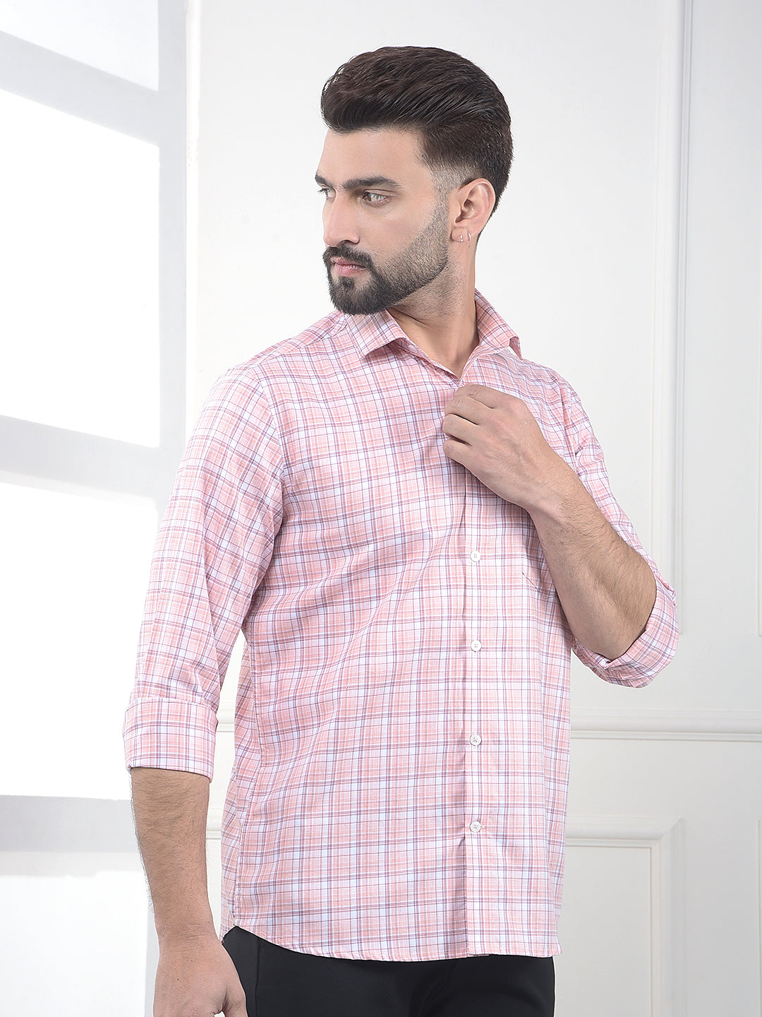 Peach Checked 100% Cotton Shirt