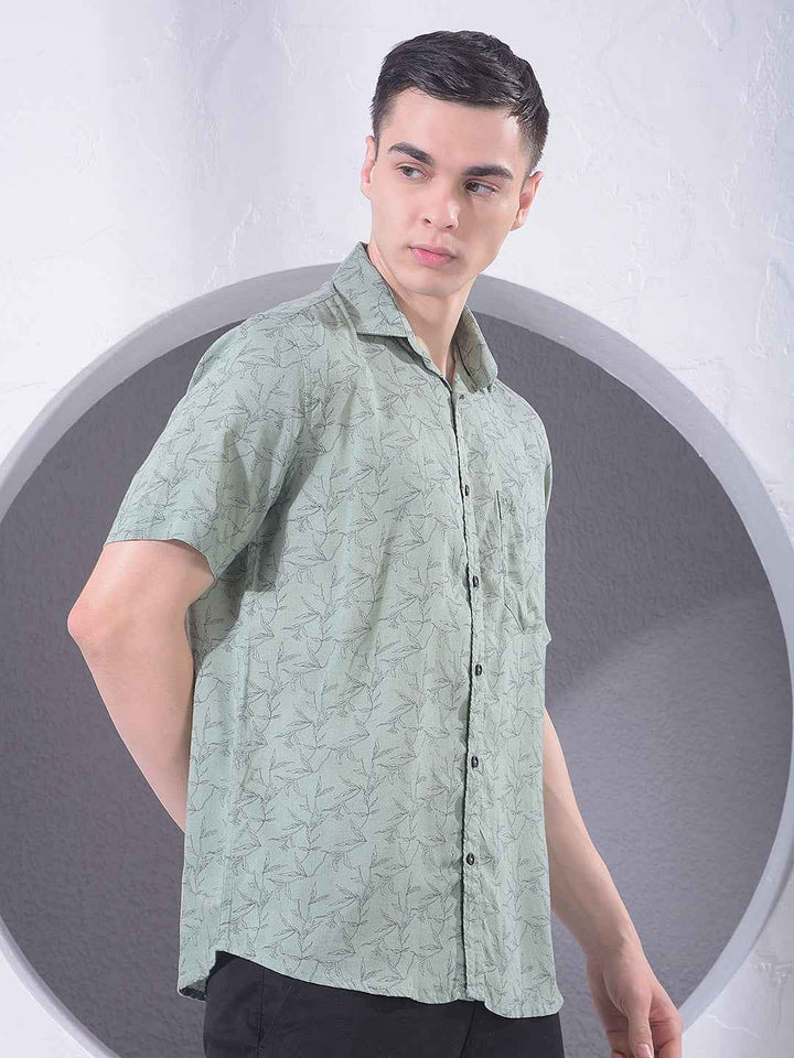 Green Floral Print Linen Shirt