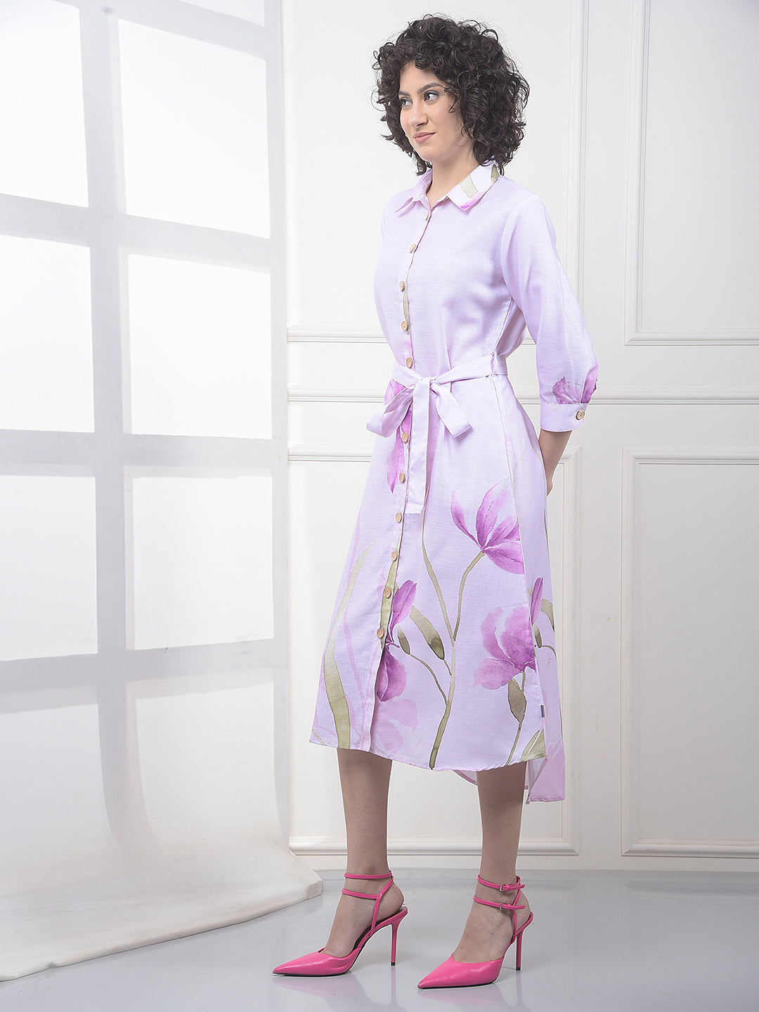 Purple Floral Print Midi Shirt-Dress