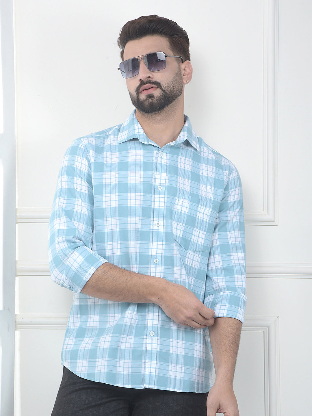 Stratum Ice Blue Checked 100% Cotton Shirt