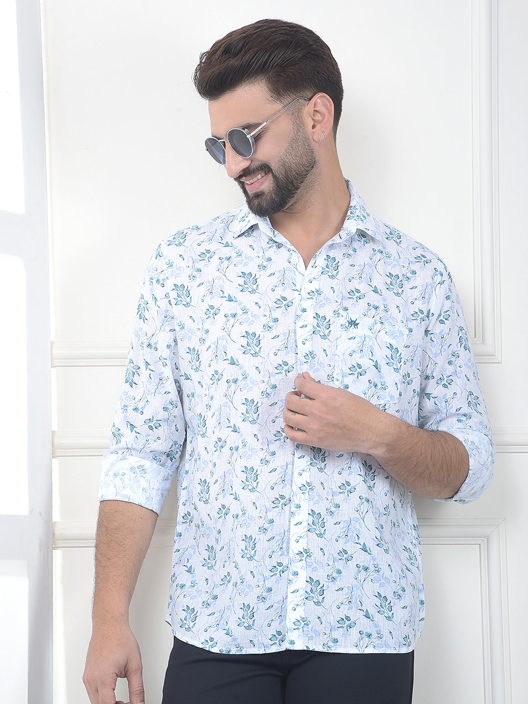 Ocean Blue Blue Floral Print Linen Shirt