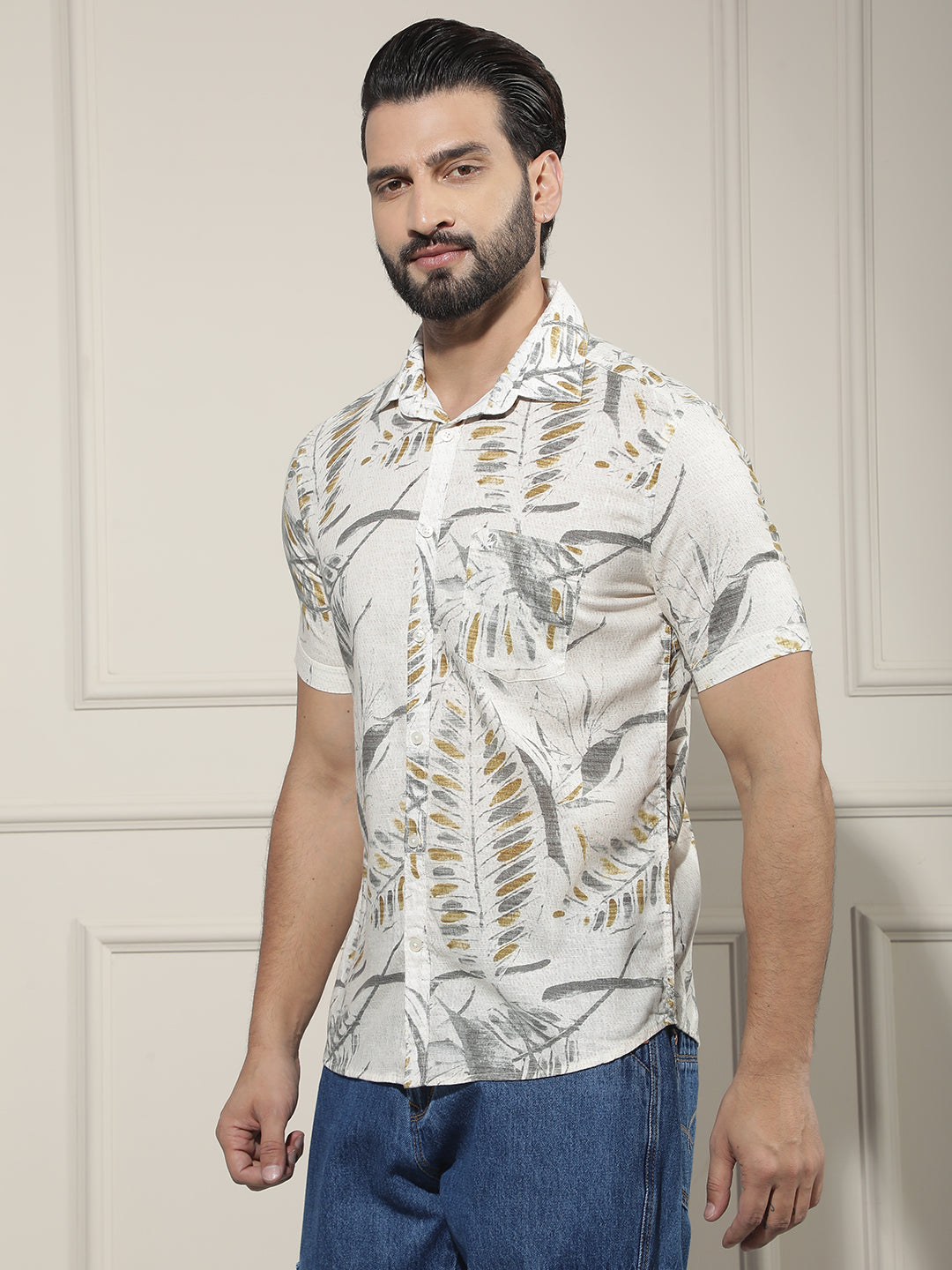 Grey Floral Print Linen Shirt