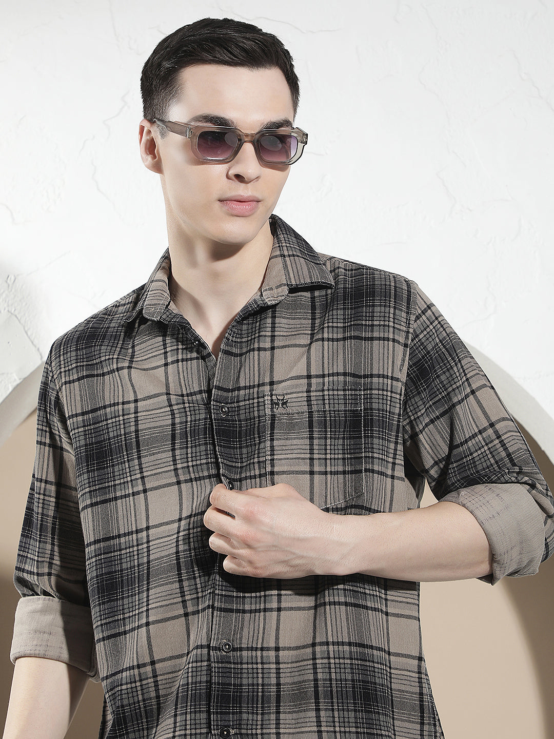 Grey Checked 100% Cotton Corduroy Shirt