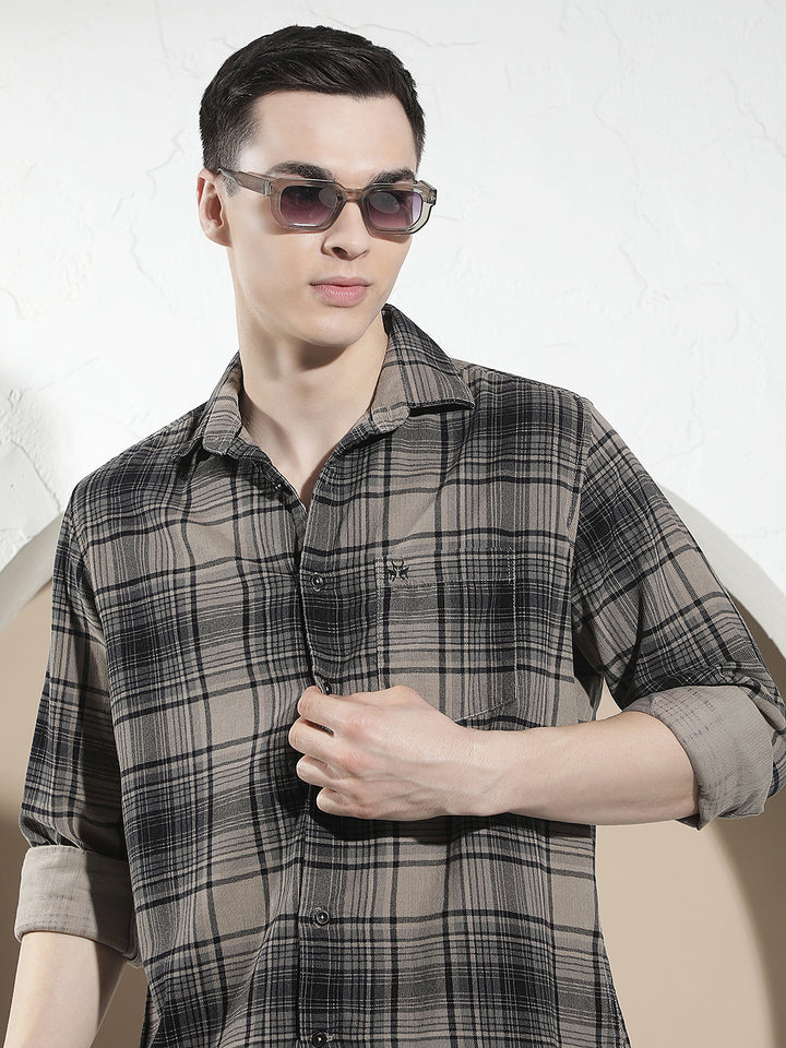 Grey Checked 100% Cotton Corduroy Shirt