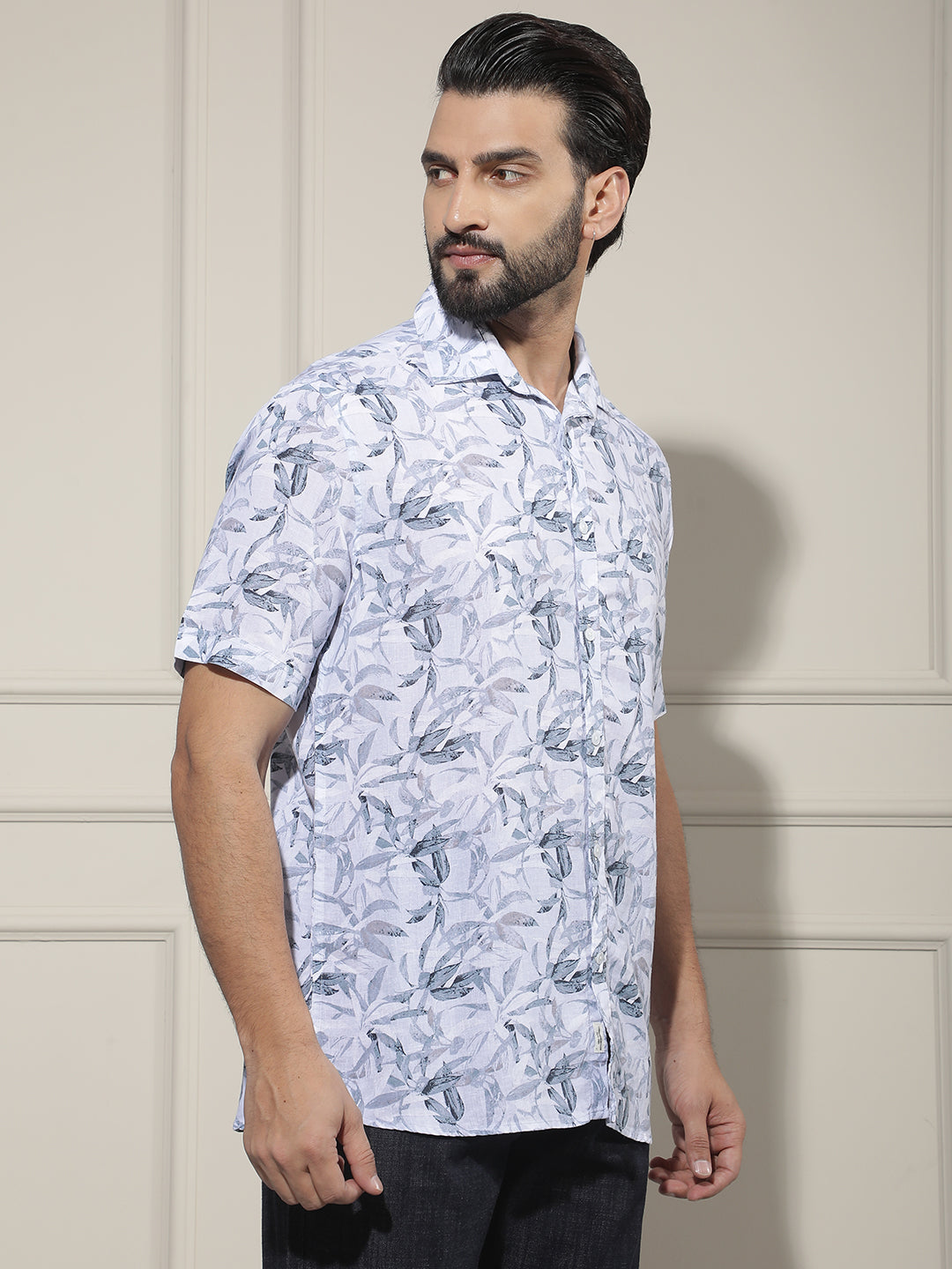 Blue Floral Print Linen Shirt