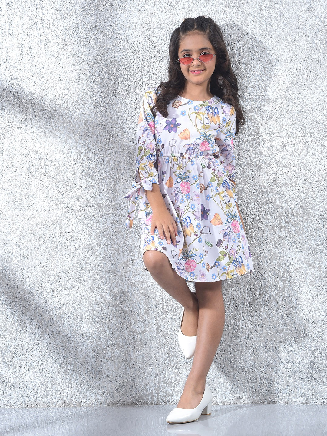 White Floral Print A-Line Dress