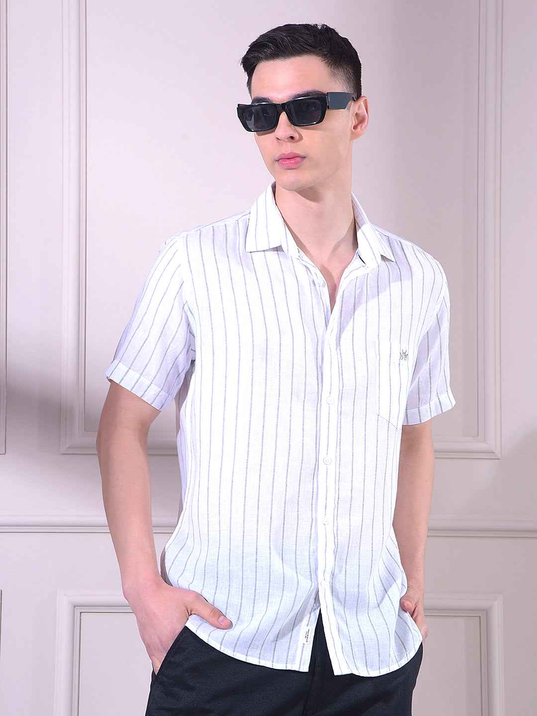 White Vertical Stripes Linen Shirt