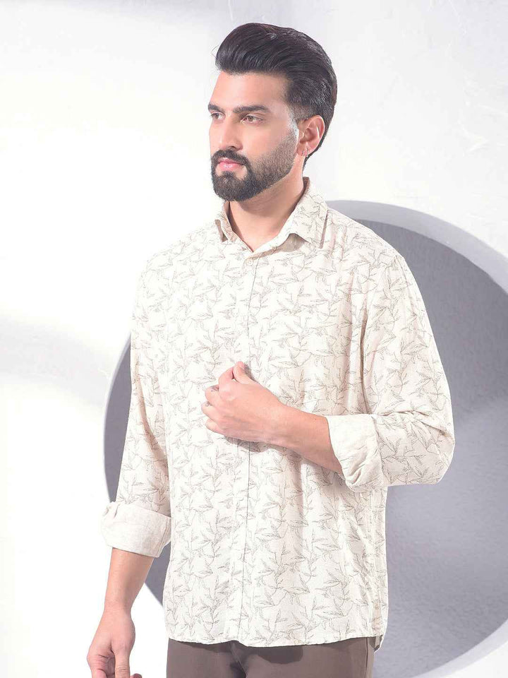 Beige Floral Print Linen Shirt