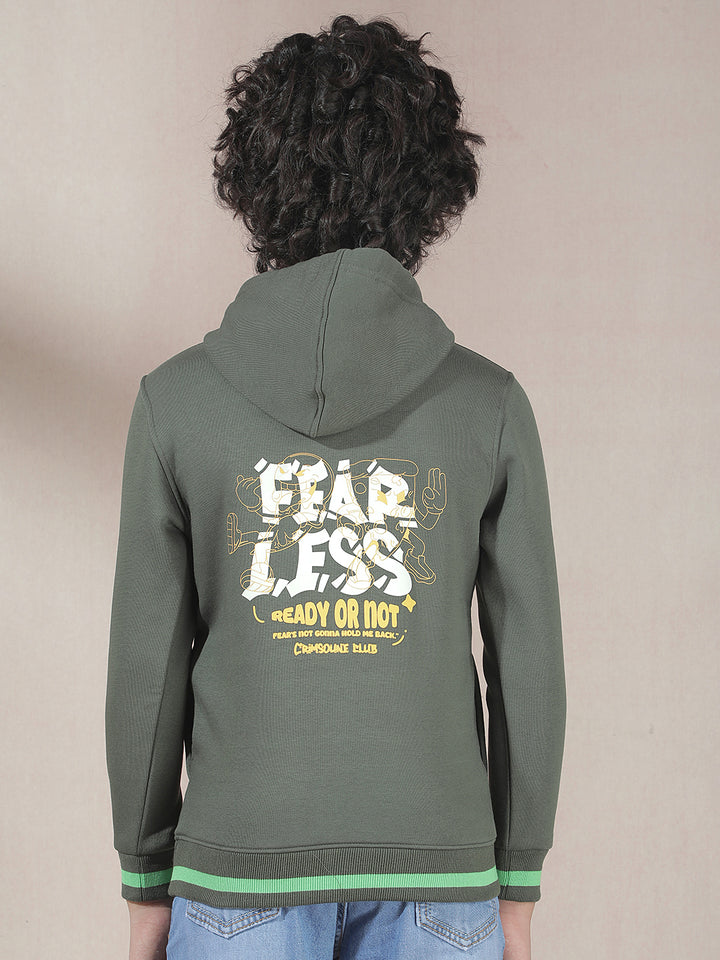 Olive Typographic Print Hooded Neck Sweatshirt