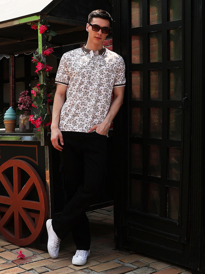 Brown Floral Print Polo Neck T-Shirt
