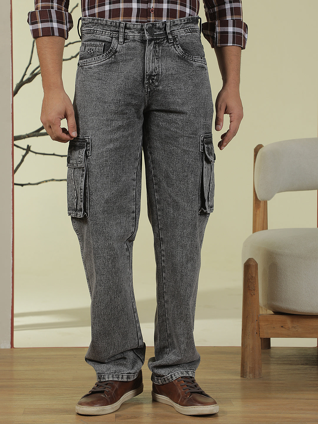 100% Cotton Grey Cargo Stretchable Jeans