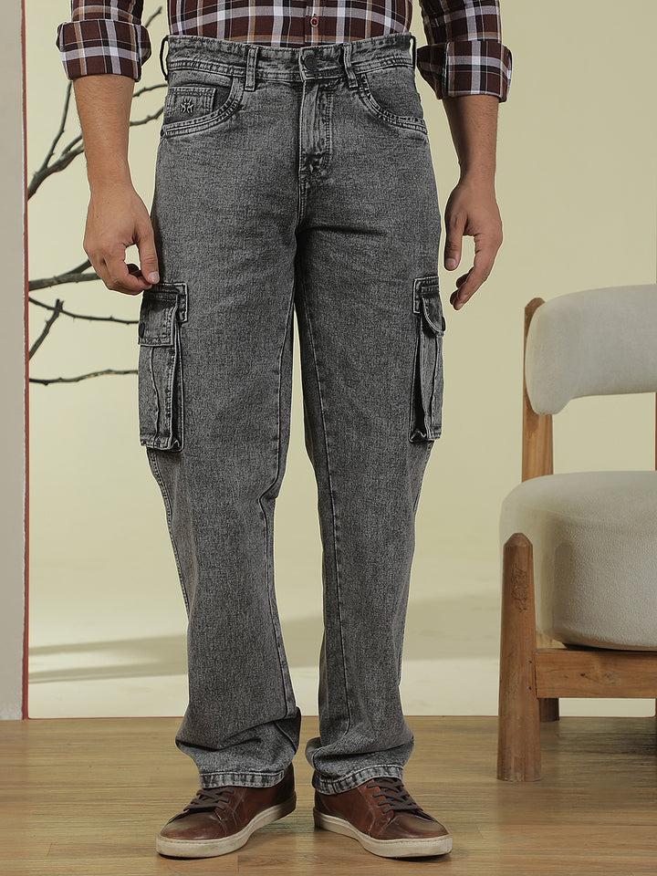 100% Cotton Grey Cargo Stretchable Jeans