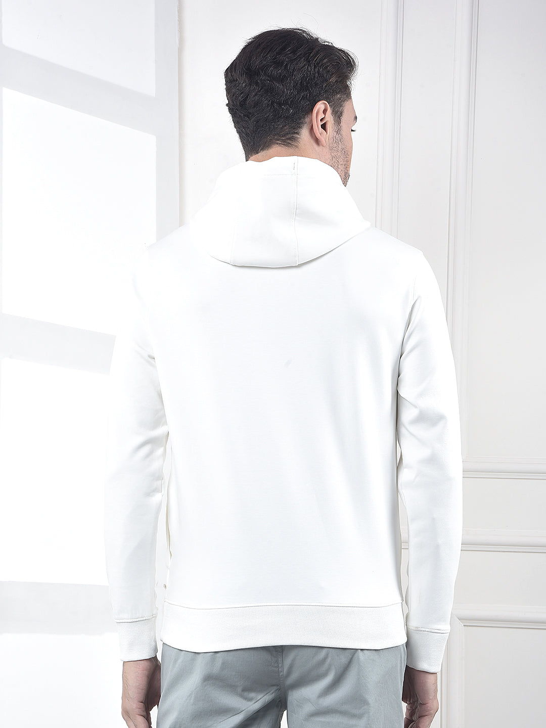 Off White Embroidered Hooded Neck Sweatshirt