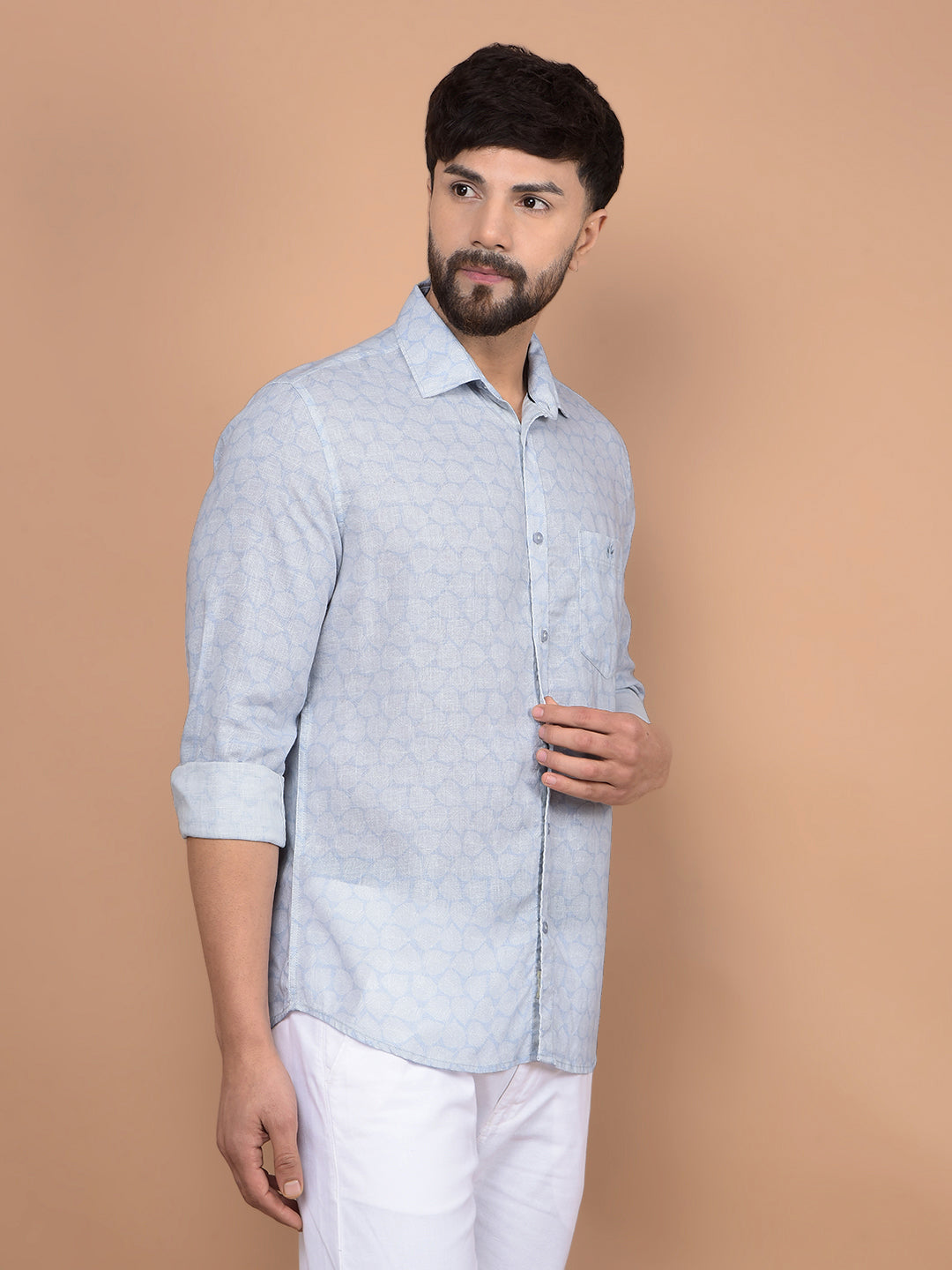 Blue Printed Linen Shirt-Men Shirts-Crimsoune Club