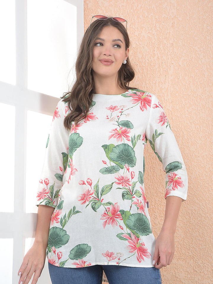 White Floral Print Linen Top