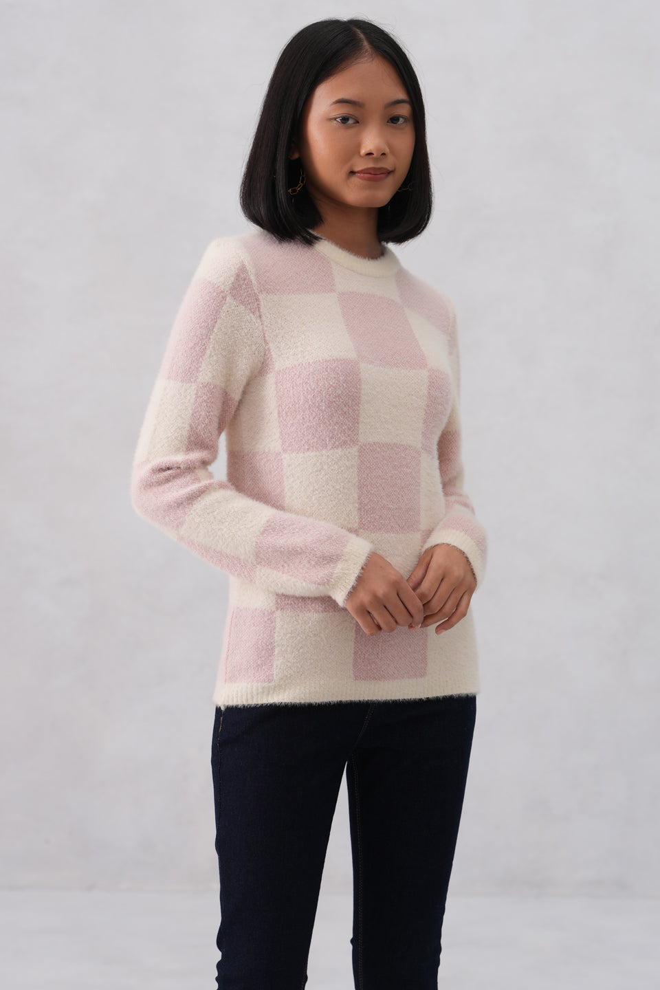 Soft Pink Cozy Check Sweater