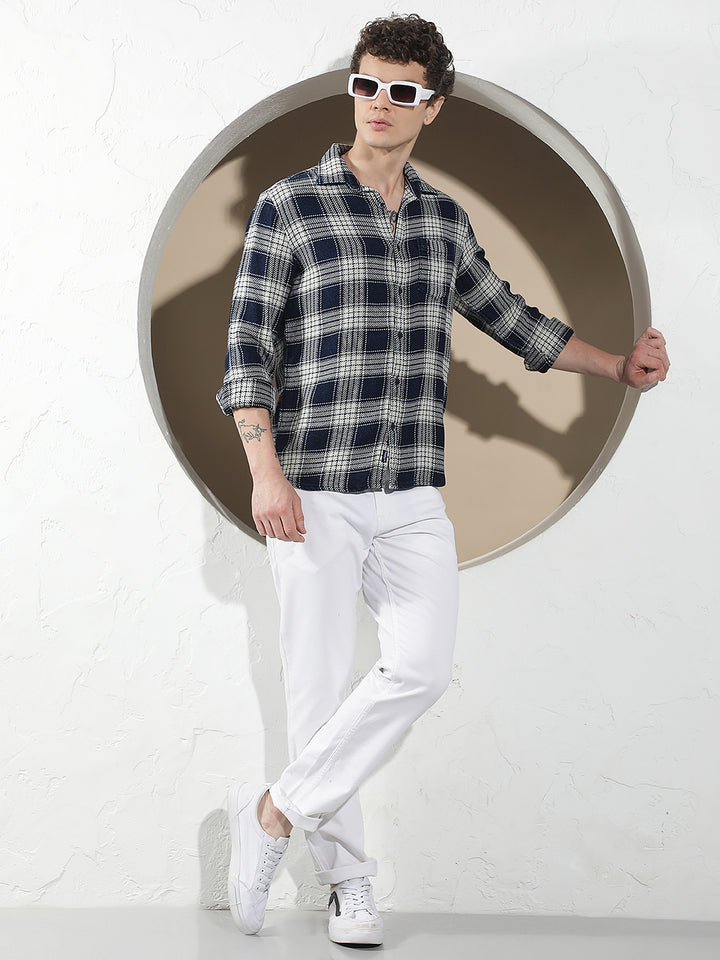 Navy Blue 100% Cotton Checked Shirt