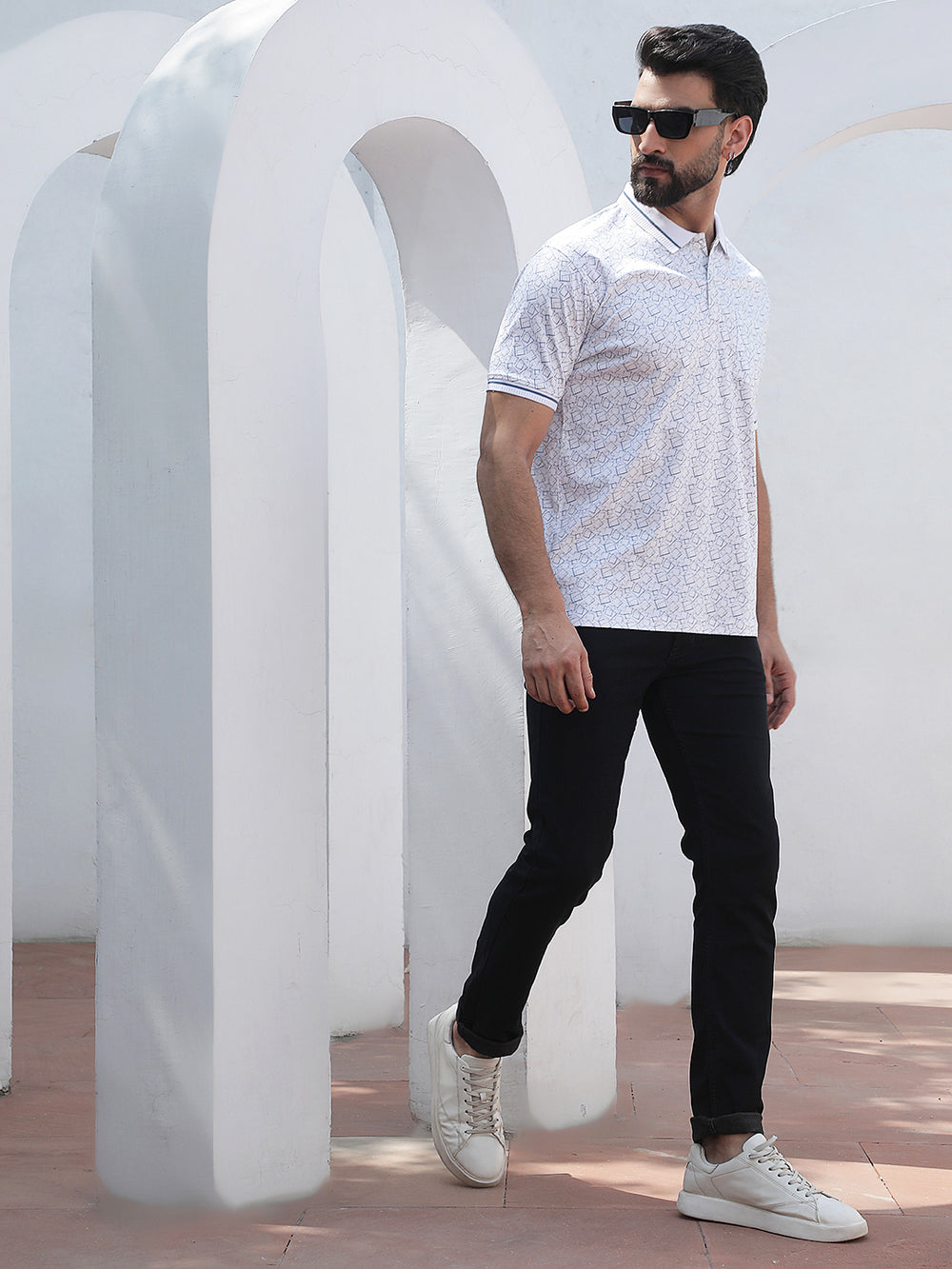 Blue Geometric Print Polo Neck 100% Cotton T-Shirt