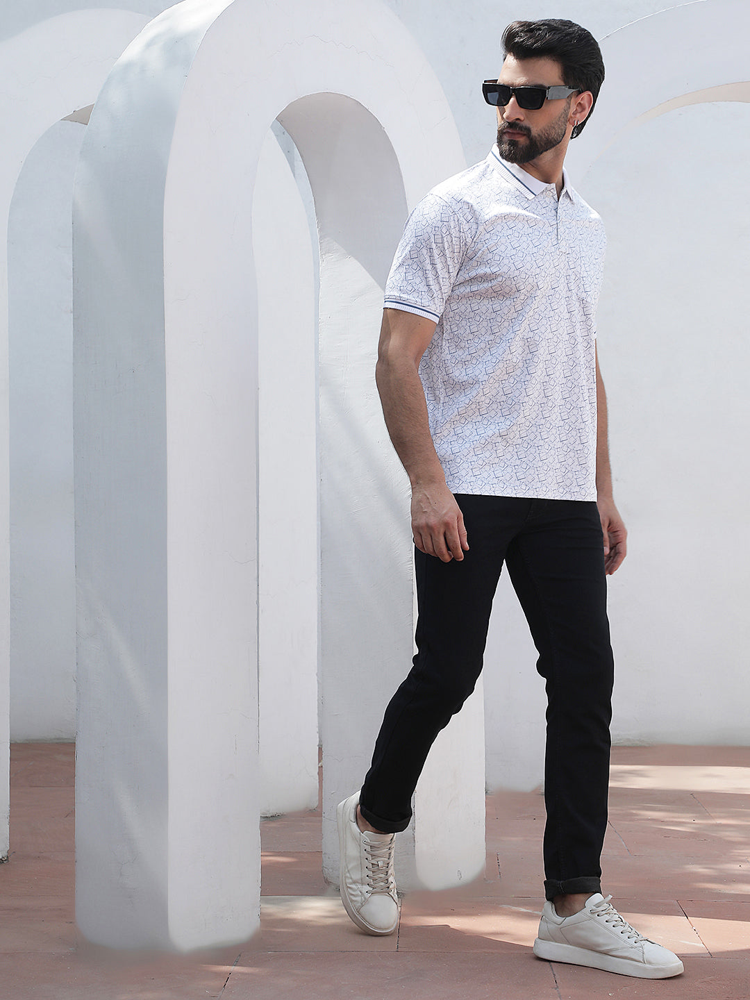 Blue Geometric Print Polo Neck 100% Cotton T-Shirt