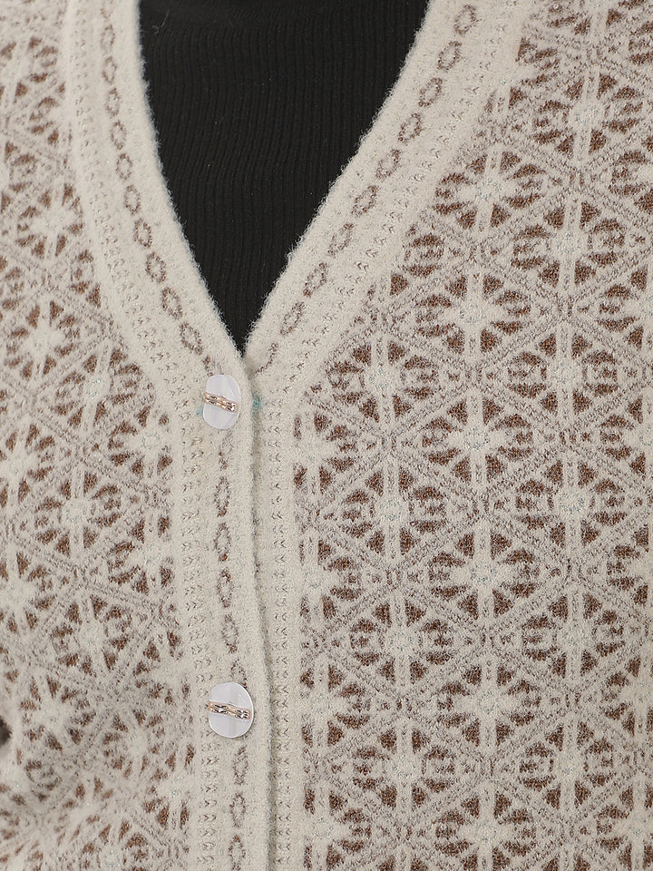 Beige Geomatric Print V-Neck Cardigan
