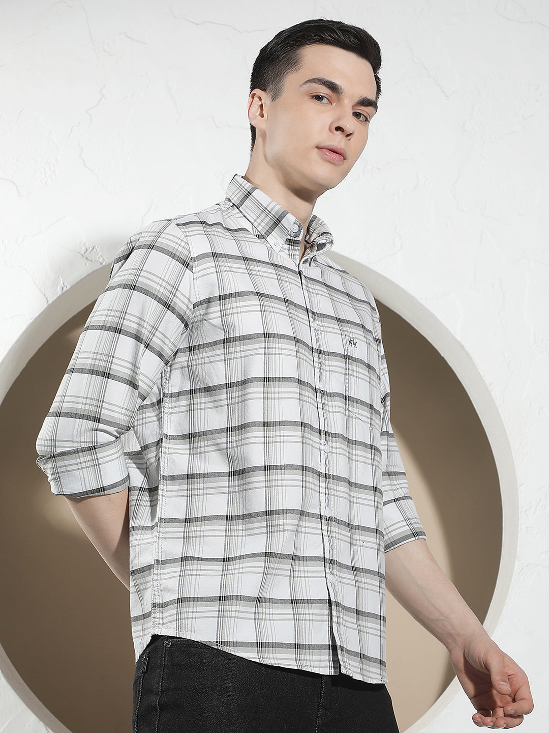 White Checked Button-Down Collar 100% Cotton Shirt