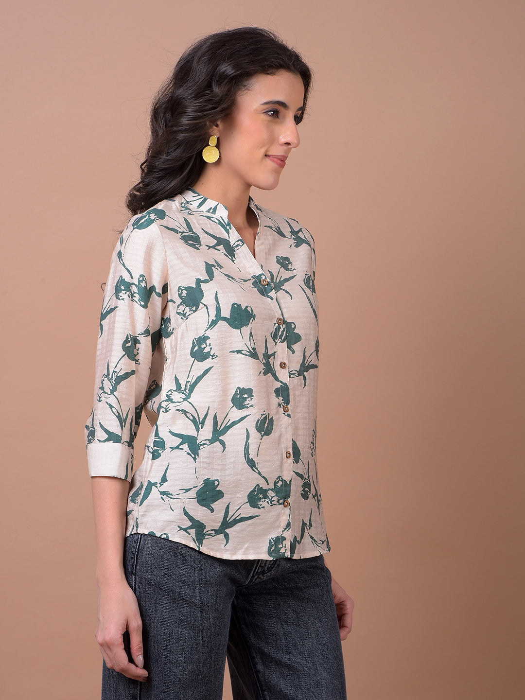 Green Floral Print V-Neck Shirt