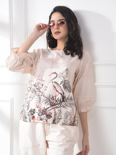 Peach Floral Print Linen Top