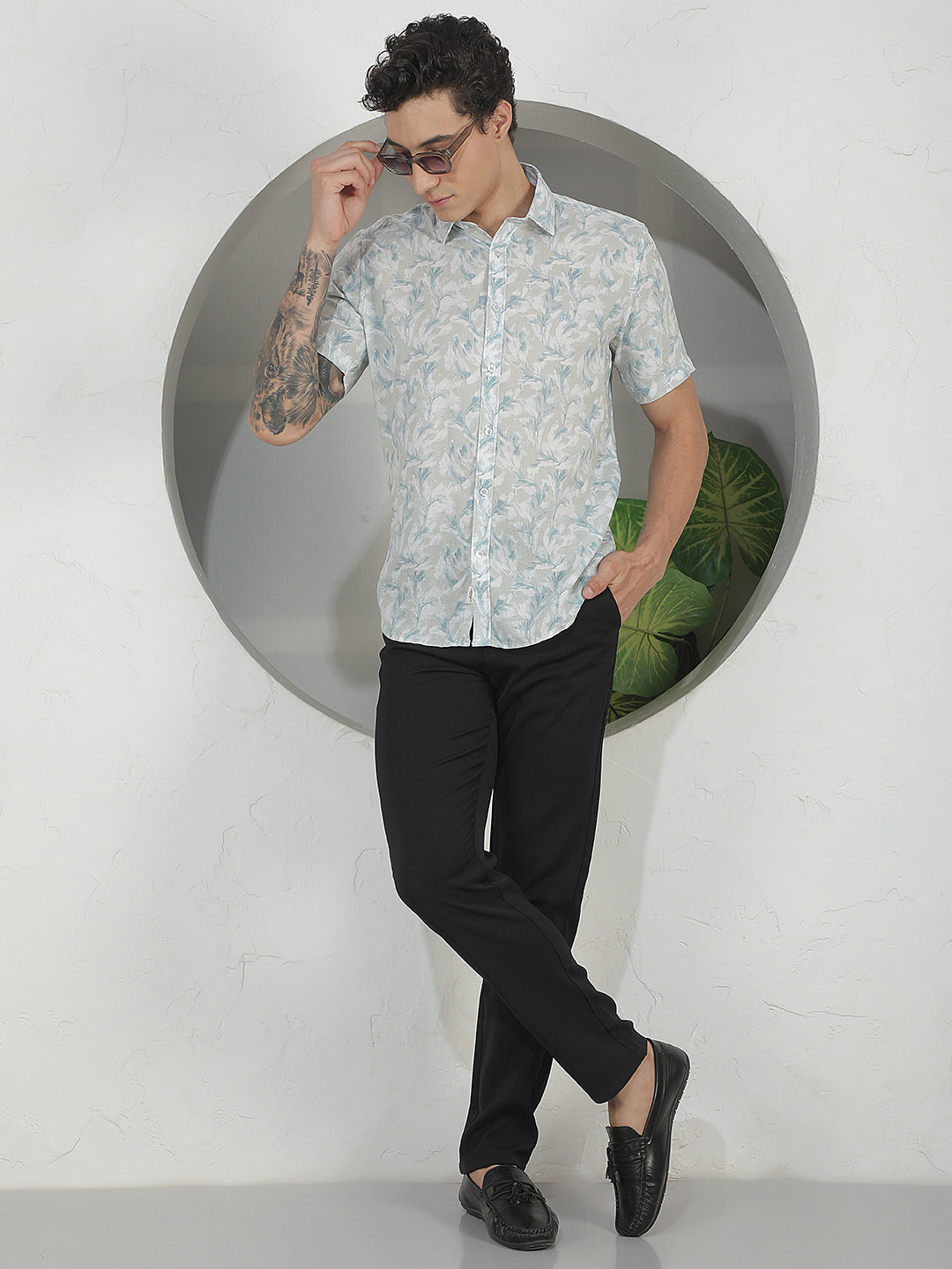Blue Floral Print Linen Shirt