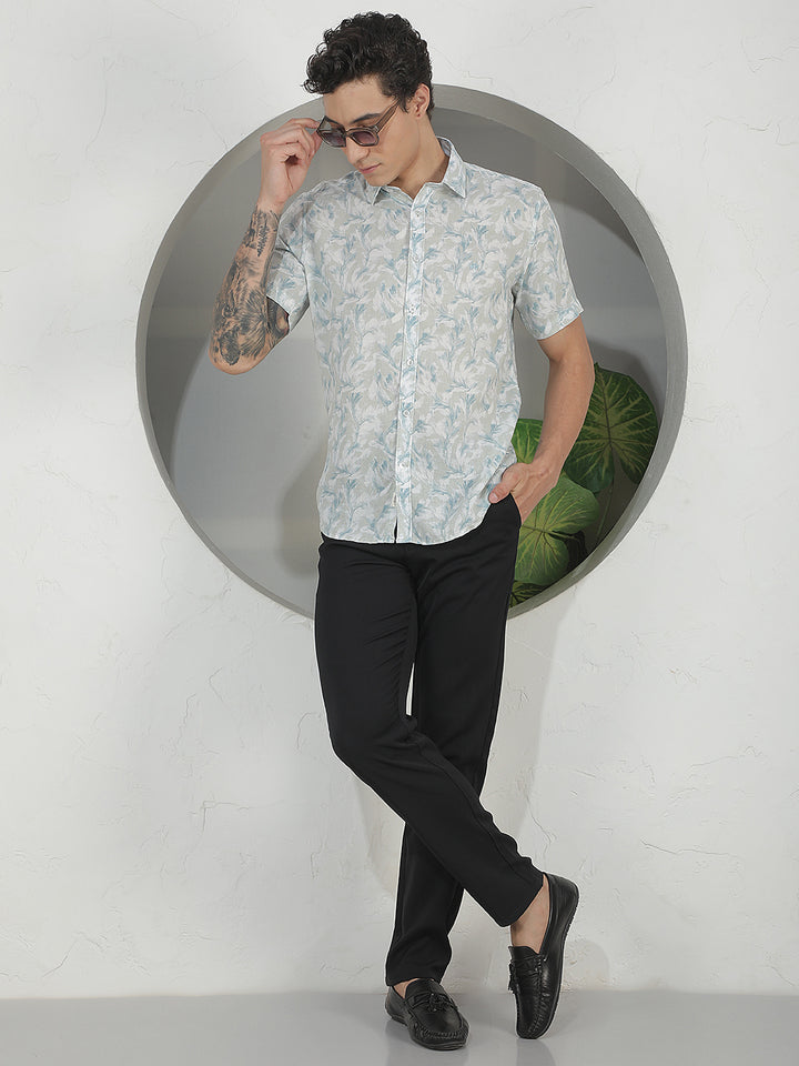 Blue Floral Print Linen Shirt