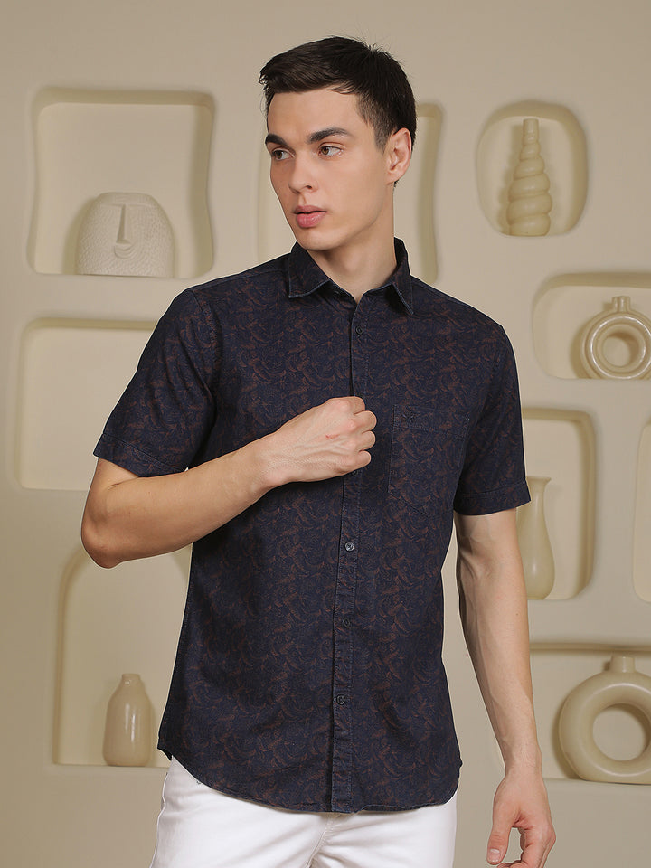 Navy Blue Floral Print 100% Cotton Shirt