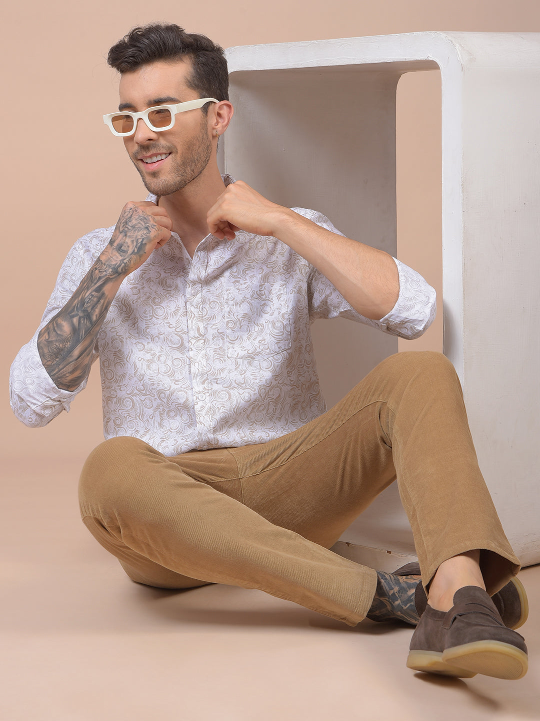 Khaki Printed Corduroy Trousers