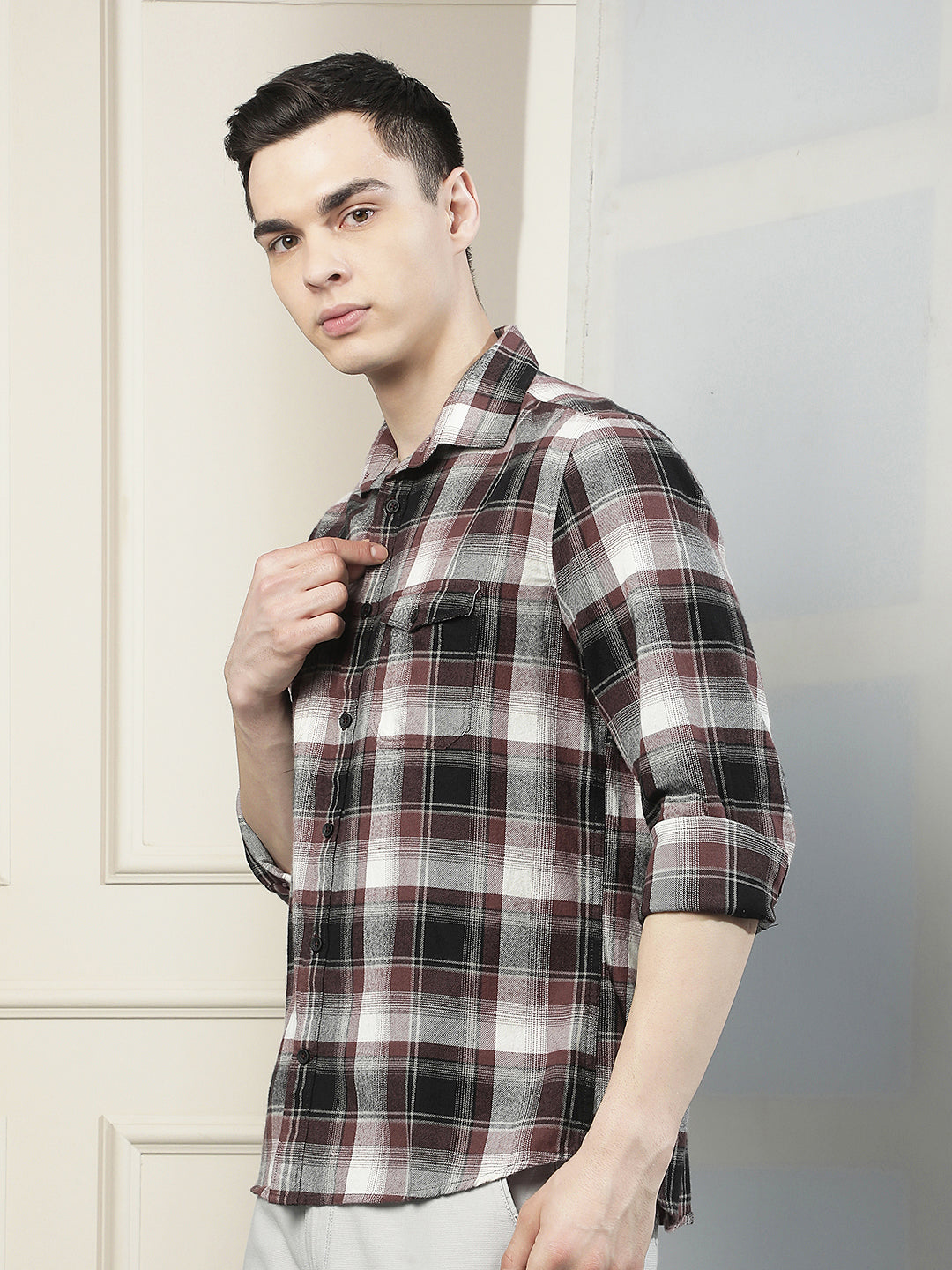 Purple Checked 100% Cotton Double Pocket Shirt