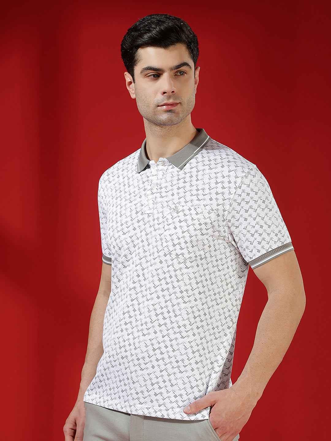 Grey Geometric Print Polo T-Shirt