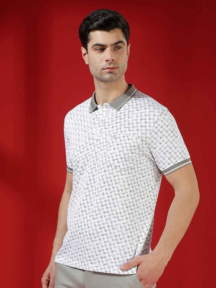 Grey Geometric Print Polo T-Shirt