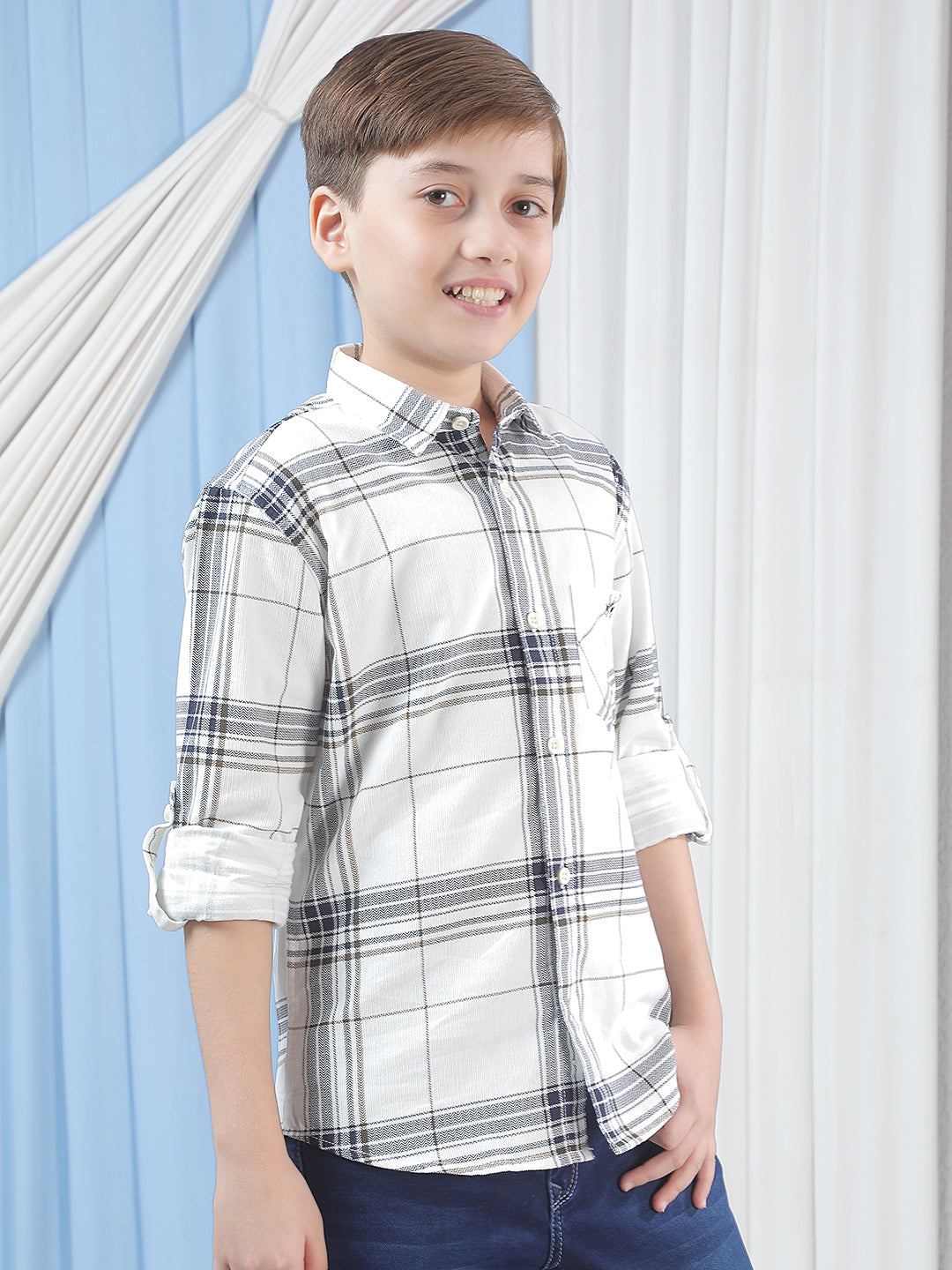 White Checked 100% Cotton Corduroy Shirt